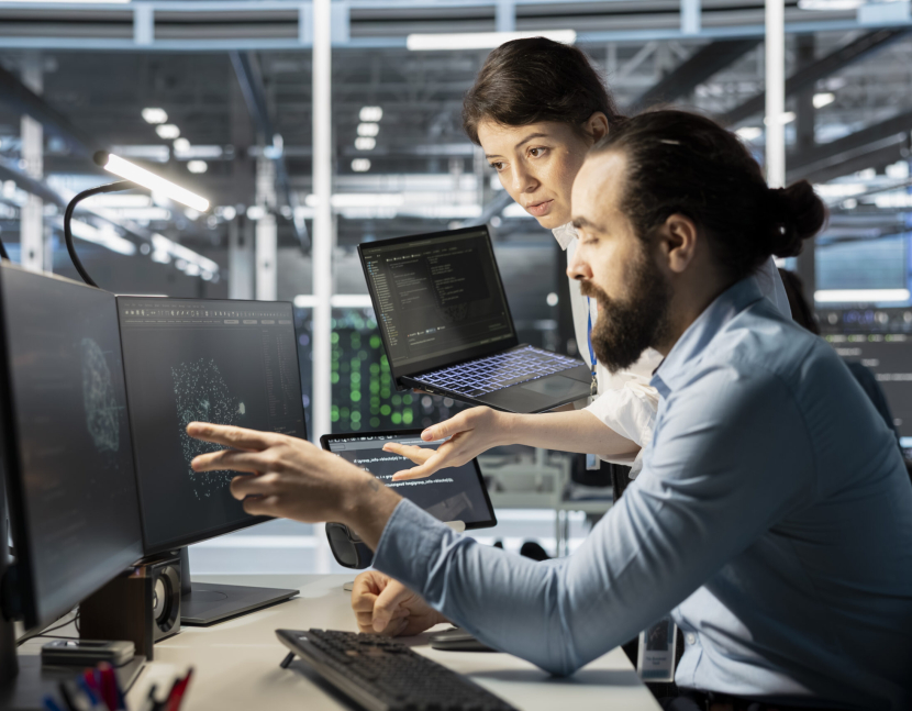 Data center manager supervising technician monitoring system performance using PC, identifying bottlenecks. Server farm teal leader overseeing worker troubleshooting glitches